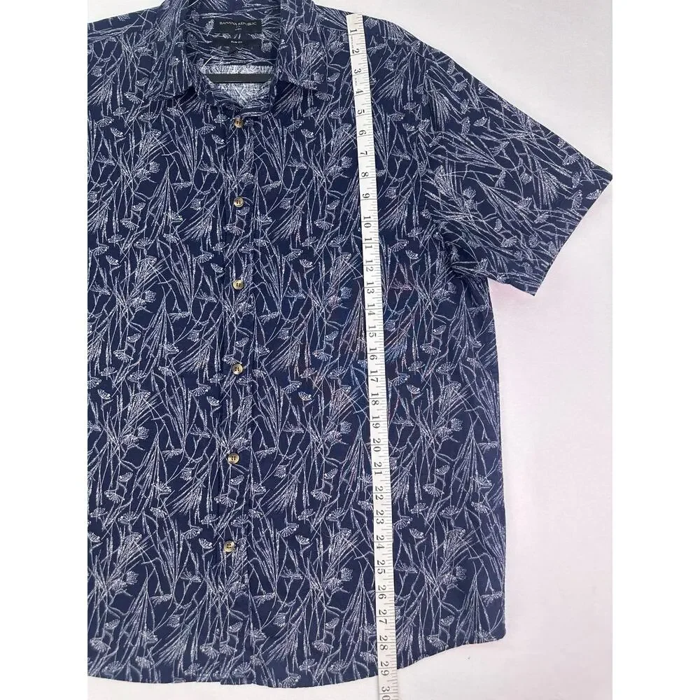 Banana Republic Blue & White Linen Floral Slim Fit Button Up Shirt Size L
